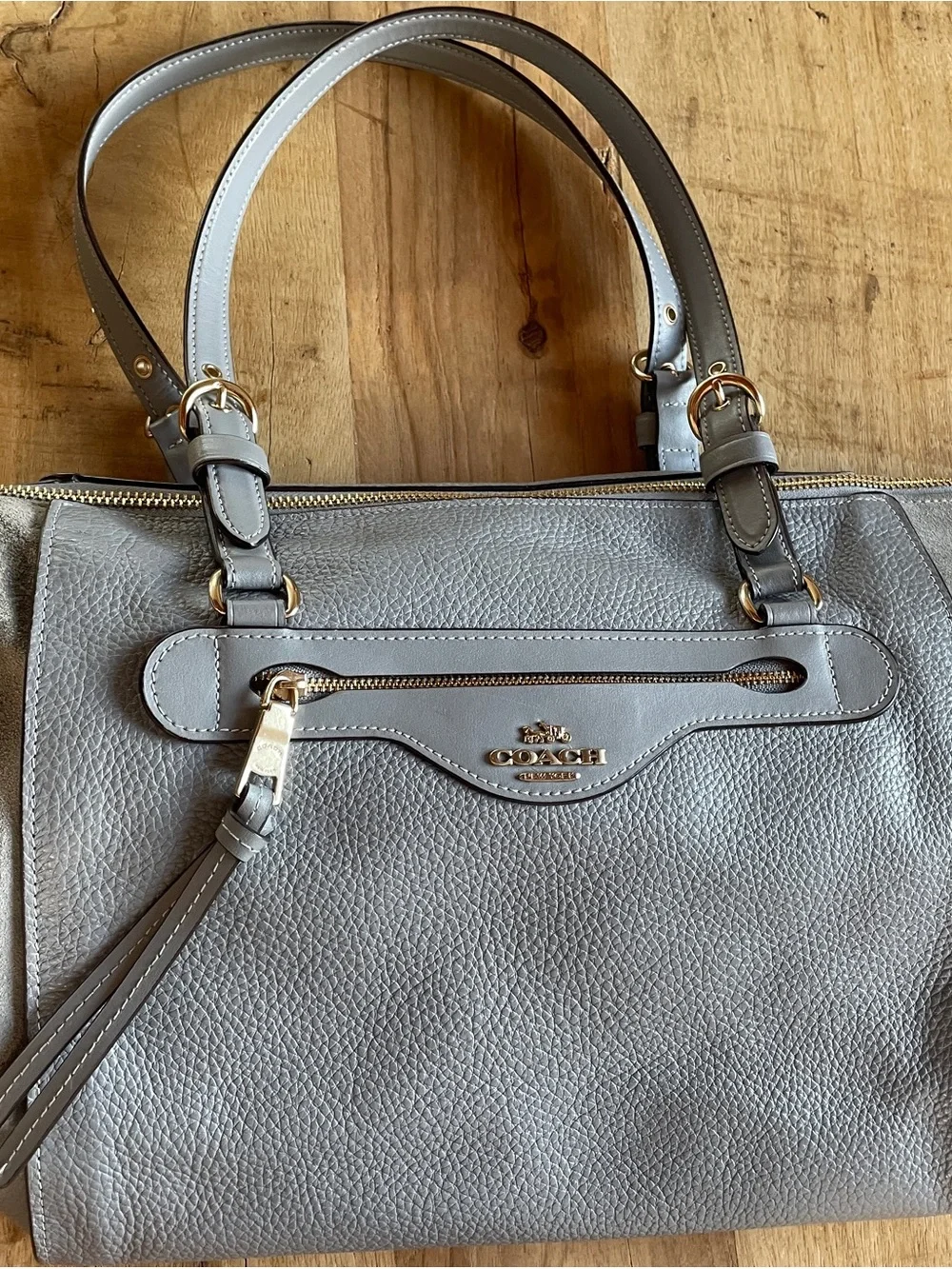 Coach Light Gray Leather with Suede Carryall Tote with Gold Hardware